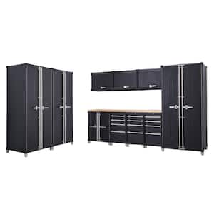 PRO 192 in. W x 75.7 in. H x 24 in. D 18-Gauge Steel Garage Cabinet Drawer Set in Black with Solid Wood Top (11-Piece)