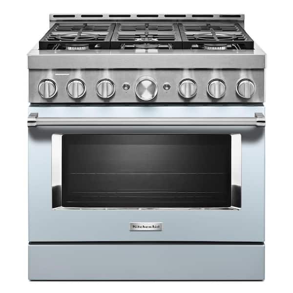 KitchenAid 36 in. 5.1 cu. ft. Smart Commercial-Style Gas Range with Self-Cleaning and True Convection in Misty Blue