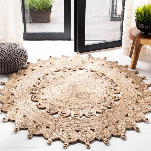Natural Fiber Beige Doormat 3 ft. x 3 ft. Woven Floral Round Area Rug
