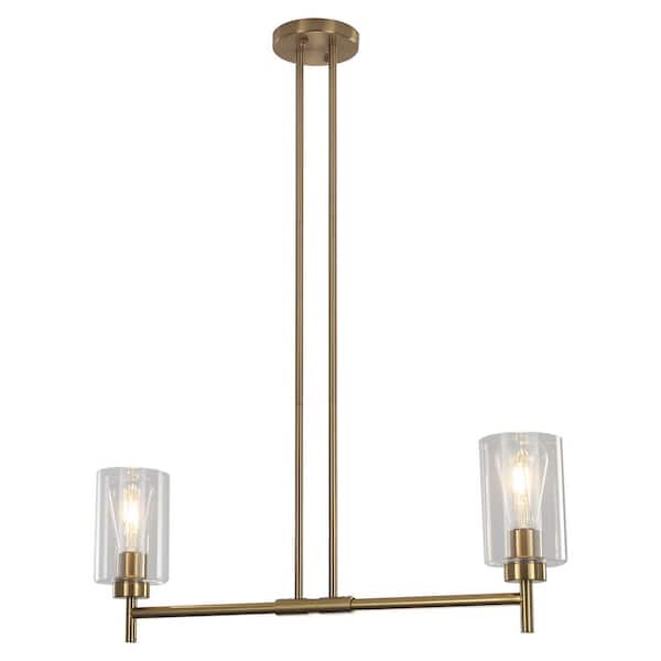 2-Light Golden Industrial Linear Chandelier with Glass Shades for Kitchen Island with No Bulbs Included