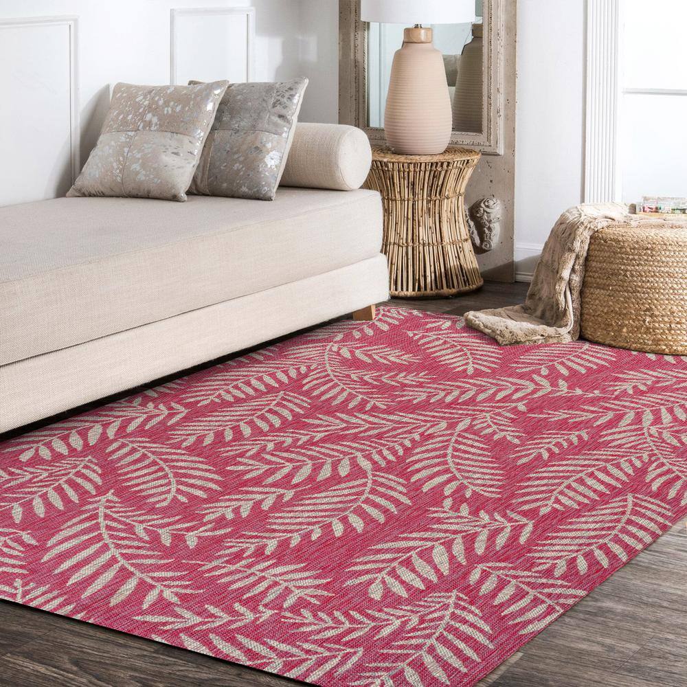 4' x 6' Fuchsia and Light Gray Synthetic Palm Frond Area Rug