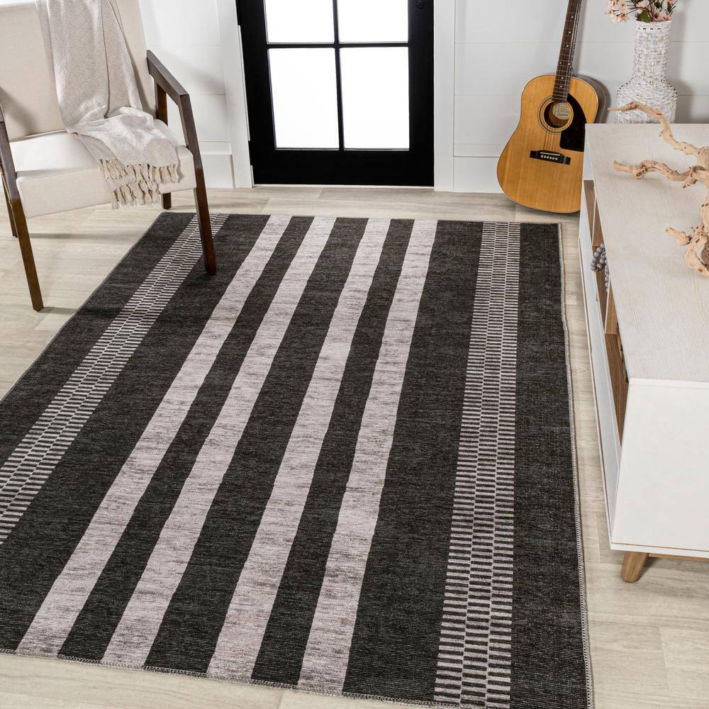 Ivory and Black Striped Synthetic Washable Area Rug