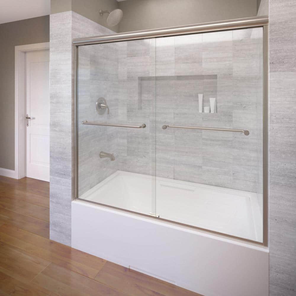 Infinity Semi-Frameless Sliding Shower Tub Door, Fits 56-60 in. W opening, 57 in. H, Clear Glass, Brushed Nickel price history on PriceWatchPro
