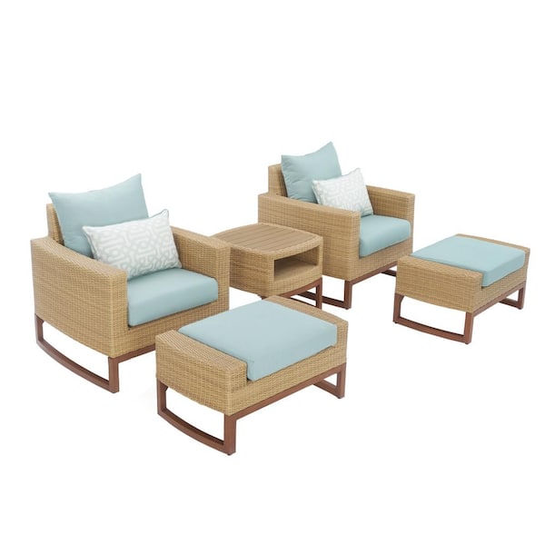 RST BRANDS Mili 5-Piece Wicker Patio Deep Seating Conversation Set with Sunbrella Spa Blue Cushions