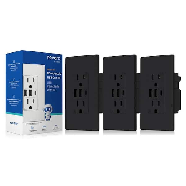 30W 6.0 Amp 3-Port USB Wall Outlet 15A Duplex Receptacle with Dual USB Ports w/ Srewless Wall Plate, Matte Black 3-Piece
