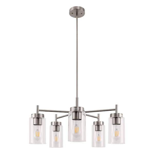 5-Light Brushed Nickel Candlestick Chandelier Pendant Light with Clear Glass Shades and E26 Sockets, No Bulbs Included