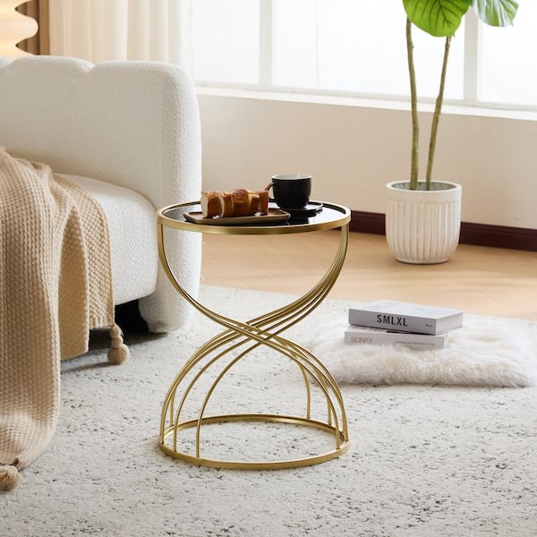 CHRISTOPHER KNIGHT HOME Timberline 15.75 in. Modern Glam Hourglass Mirror Round Side Table, Metal, Black + Gold