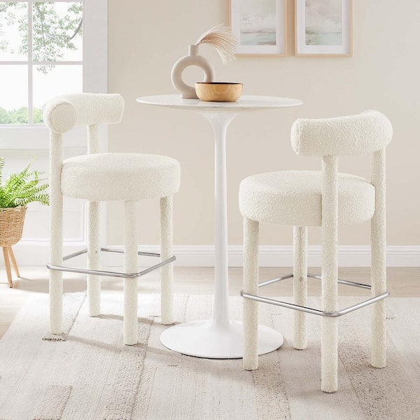 MODWAY Toulouse 30 in. in Ivory Silver Wood Boucle Fabric Bar Stool - Set of 2