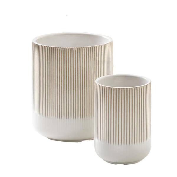 Warm White Glaze Ceramic 2-Piece Fluted Utensil Holder Set for Kitchen Countertop Storage