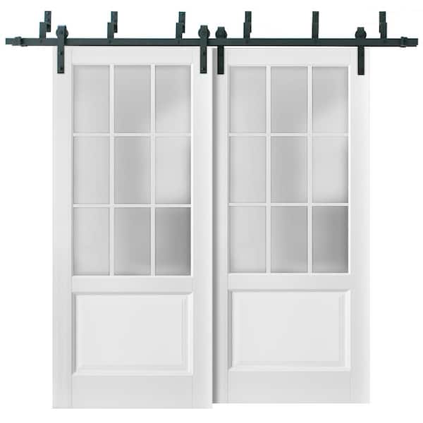 3309 64 in. x 96 in. 3/4 Lite Frosted Glass Matte White Finished Solid Wood Sliding Barn Door with Hardware Kit