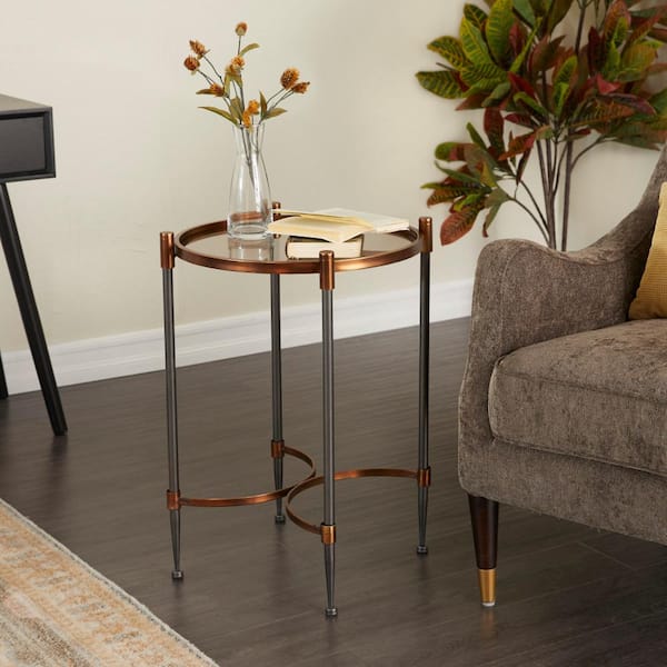Litton Lane 17 in. Black Large Round Glass End Accent Table with Mirrored Glass Top