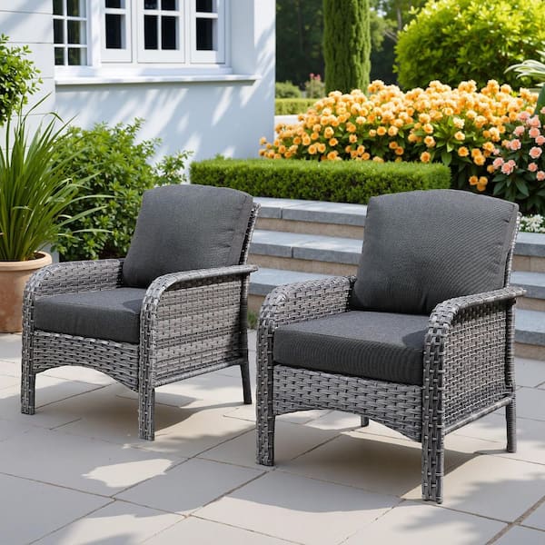 HOOOWOOO Venice Gray 2-Piece Wicker Modern Outdoor Patio Conversation Chair Seating Set with Black Cushions