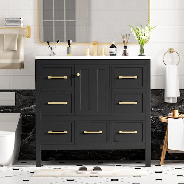 36 in. Single Sink Freestanding Black Bath Vanity with White Resin Top and 5 Drawers Storage Door Cabinet Unassembled