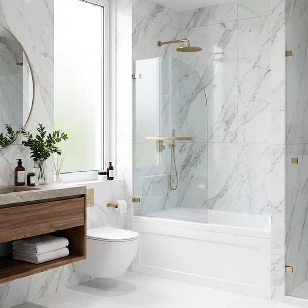 Orion 34 in. W x 58 in. H Pivot Frameless Tub Door in Matte Brushed Gold with 5/16 in. (8mm) Clear Glass