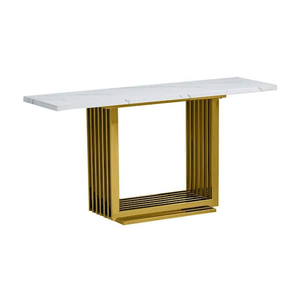 Best Quality Furniture Magda 60 in. White Rectangle Marble Top Console Table With Gold Stainless Steel Base