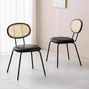 18 in. Black Faux Leather Metal Frame Dining Chairs With White Rattan Back (Set of 2)