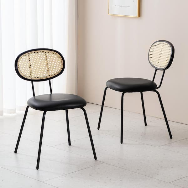 LUE BONA 18 in. Black Faux Leather Metal Frame Dining Chairs With White Rattan Back (Set of 2)