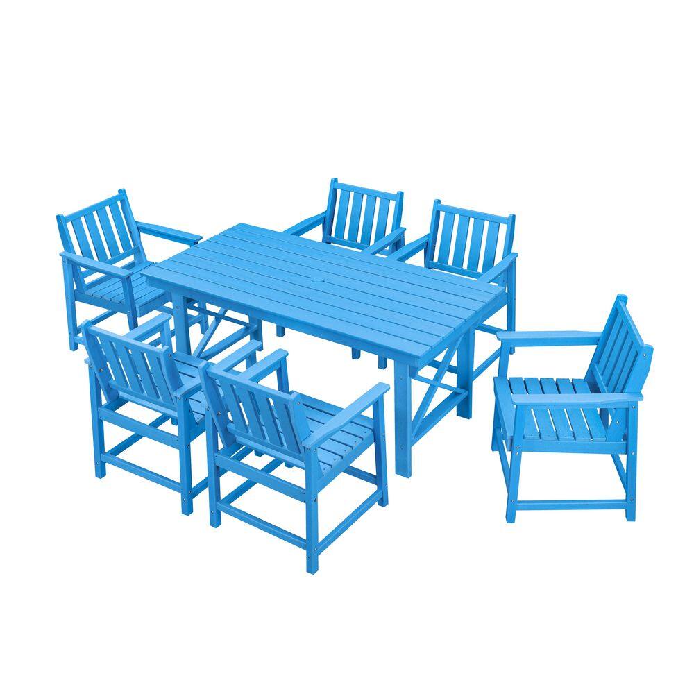HDPE 6-Piece Plastic Standard Height Outdoor Dining Set With Rectangle Table and Bench in Sky Blue price history on PriceWatchPro
