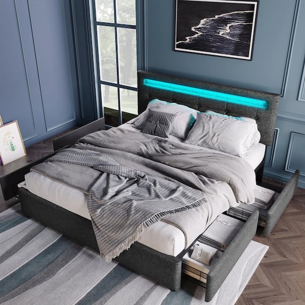 Polibi Gray Wood Frame Queen Size Platform Bed with 4-Storage Drawers, LED Lights and Adjustable Headboard
