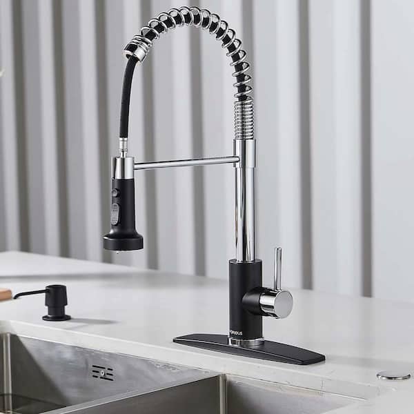 FORIOUS Single-Spring Handle Kitchen Faucet with Pull Down Function Sprayer Kitchen Sink Faucet with Deck Plate in Black Chrome