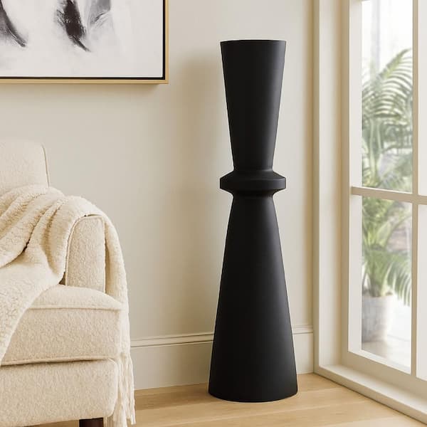 Loci 40 in. Textured Black Polyresin Trumpet Hourglass Design Accent Decorative Vase