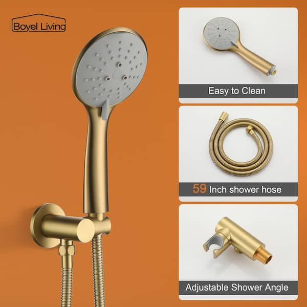 Boyel Living 5-Spray Patterns with 3.2 GPM 10 in. Wall Mount Dual Shower Heads with Rough-In Valve Body and Trim in Brushed Gold