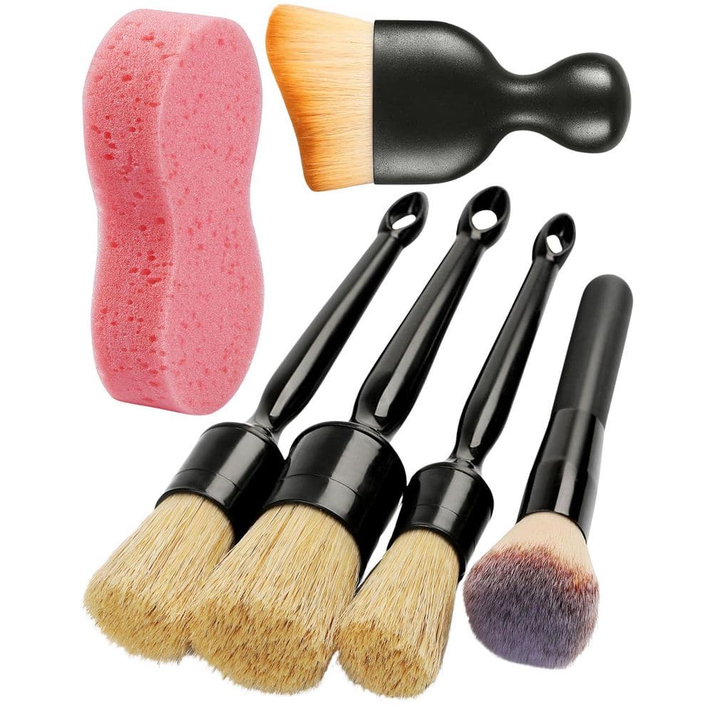 6-Piece Car Detailing Brush Set w/ Boar Hair Bristles for Interior and Exterior Cleaning, Includes Sponge, Dusting Brush