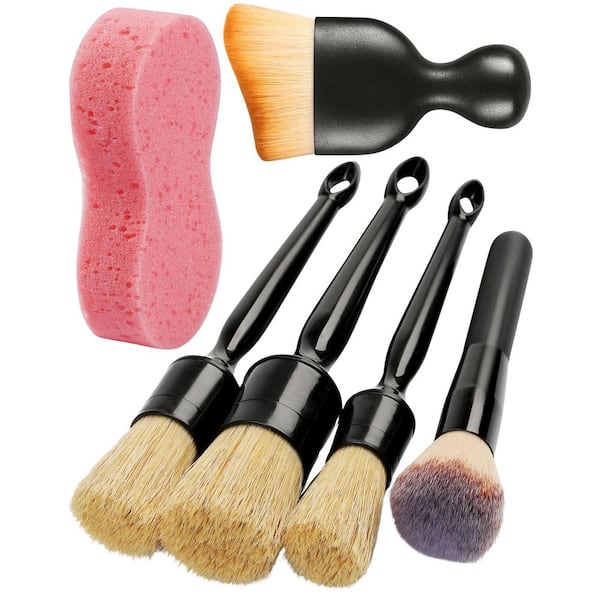6-Piece Car Detailing Brush Set w/ Boar Hair Bristles for Interior and Exterior Cleaning, Includes Sponge, Dusting Brush
