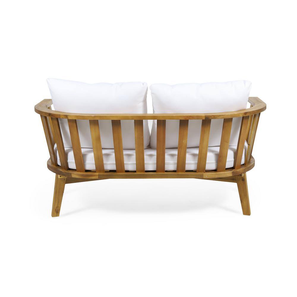 Teak Brown Wood Outdoor Loveseat with White Cushions