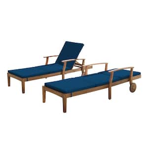 Giancarlo Teak 2-Piece Wood Outdoor Patio Chaise Lounge with Blue Cushion
