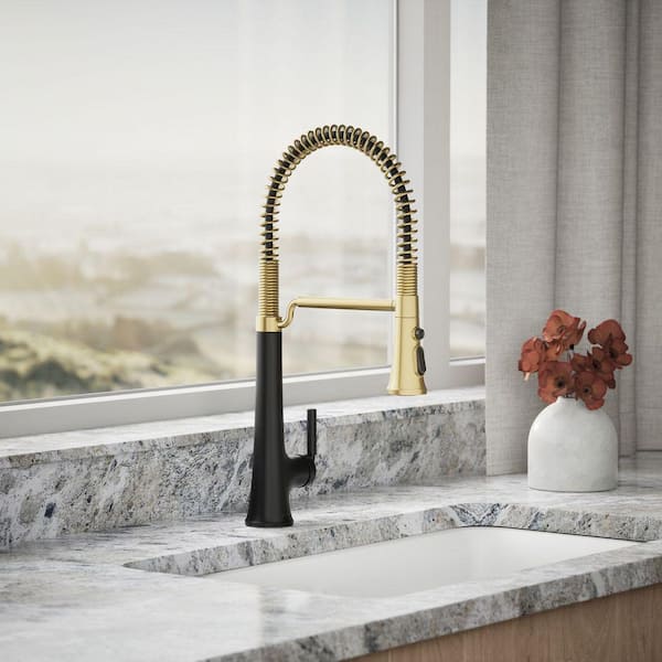 Tone Single Handle Pull Down Sprayer Kitchen Faucet in Matte Black with Moderne Brass