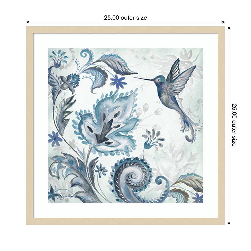 Watercolor Boho Blue Hummingbird Graphic Art in Natural Wood Frame