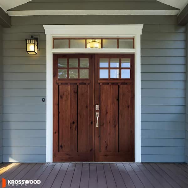 72 in. x 96 in. Knotty Alder Right-Hand/Inswing Double DS 6-Lite Clear Glass Red Mahogany Stain Wood Prehung Front Door