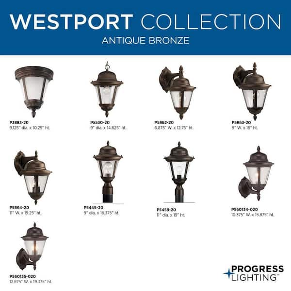 Westport Collection 2-Light Antique Bronze Clear Seeded Glass Traditional Outdoor Medium Wall Lantern Light