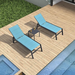 3-Pieces Aluminum Outdoor Chaise Lounge Patio Lounge Chair with Side Table and Wheels, Turquoise Blue