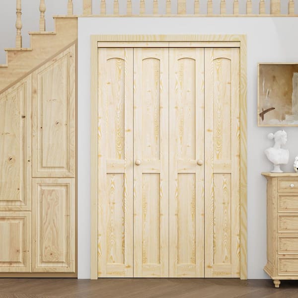 48 in. x 80 in. Arch Panel 2-Lite Solid Core Unfinished Pine Wood Interior Closet Bi-Fold Door with Hardware