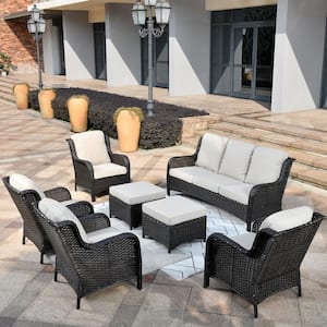 Erie Lake Brown 7-Piece Wicker Outdoor Patio Conversation Seating Sofa Set with Beige Cushions