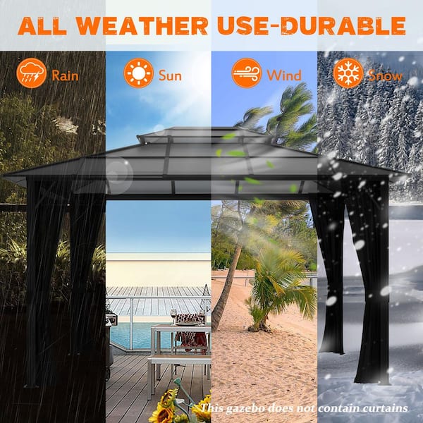 13 ft. x 10 ft. Aluminum Gazebo Polycarbonate Double Top Roof with Black Netting