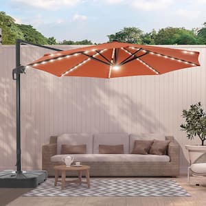11 ft. Solar LED Aluminum Cantilever Patio Umbrella with a Base/Stand, Offset Hanging 360° Rotation in Red