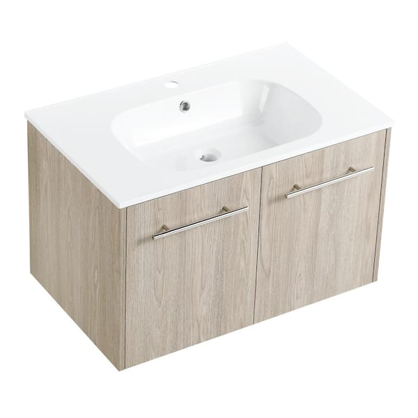 Unbranded Modern High-Quality 30 in. W X 18.11 in. D X 18.3 in. H Wall Mounted Floating Bath Vanity in Oak with White Gel Top