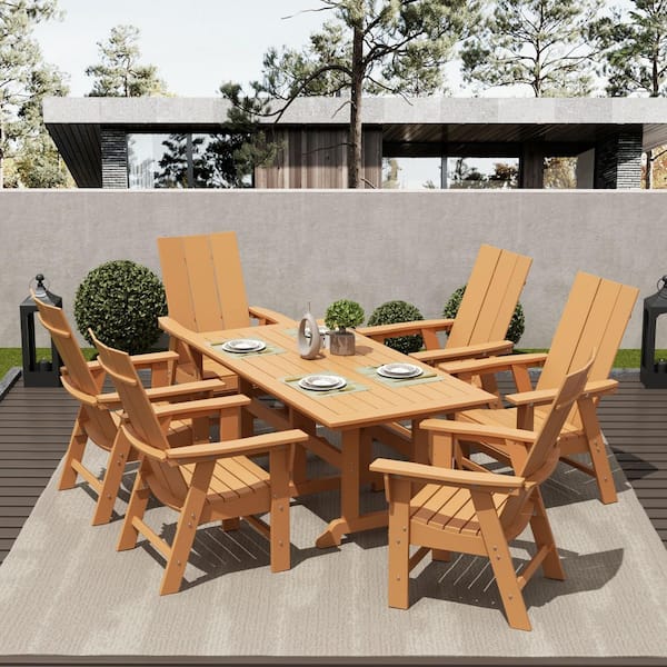 WESTIN OUTDOOR Shoreside Outdoor Patio Weather Resistant Teak 7-Piece HDPE Plastic Adirondack Dining Set
