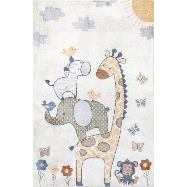 Cass Safari Kids Machine Washable Beige Doormat 3 ft. x 5 ft. Accent Rug