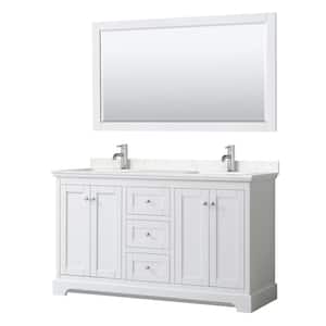 Avery 60 in. W x 22 in. D Double Vanity in White with Cultured Marble Vanity Top in Light-Vein Carrara w/ Basins& Mirror