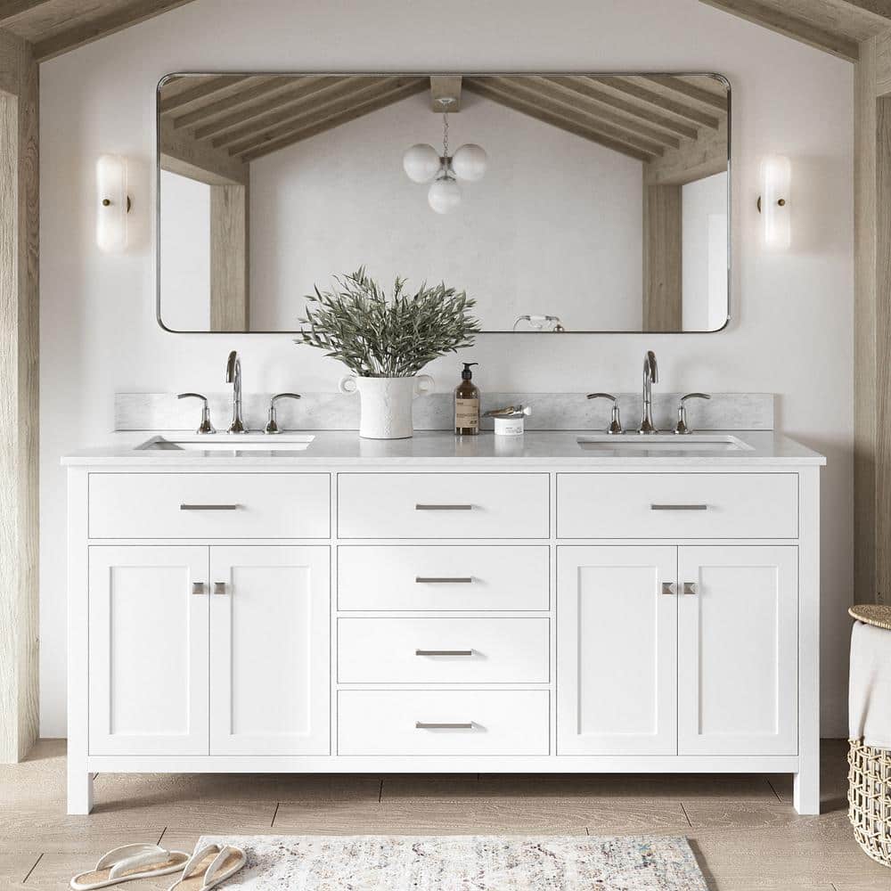 White Marble Top Double Freestanding Vanity with Rectangular Basins