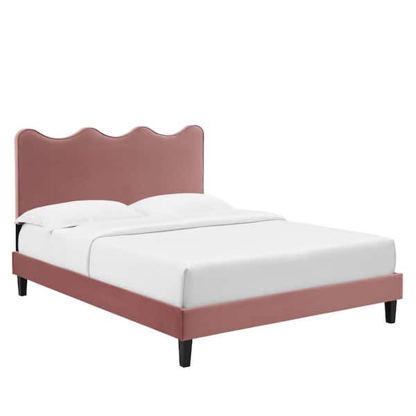 MODWAY Current Performance Velvet Full Platform Bed in Dusty Rose with Black Wood Legs