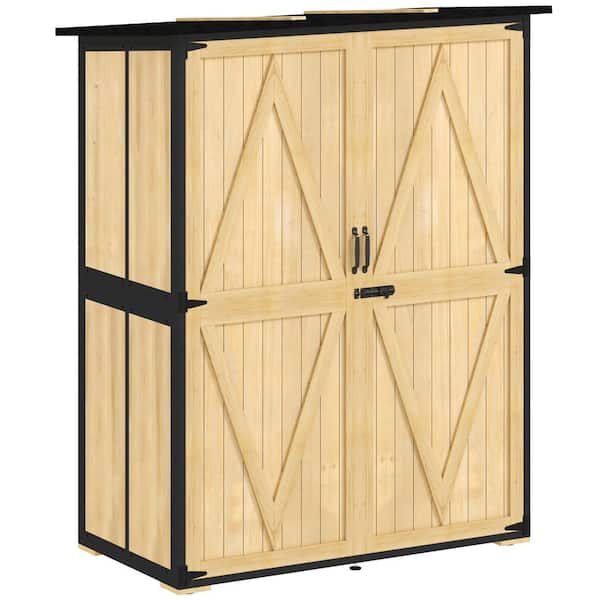 Outdoor Storage Shed, Wooden Garden Storage Cabinet with Waterproof Asphalt Roof, 2 Shelves and Lockable Doors, Natural