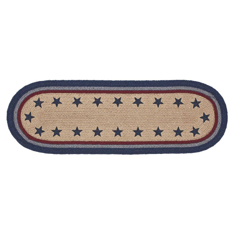Navy and Natural Cotton Blend Oval Table Runner with Stenciled Stars