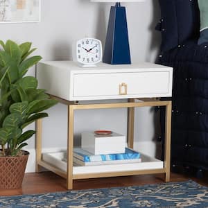 Melosa 1-Drawer White and Gold Nightstand End Table (20.5 in. H x 19.7 in. W x 15.7 in. D)