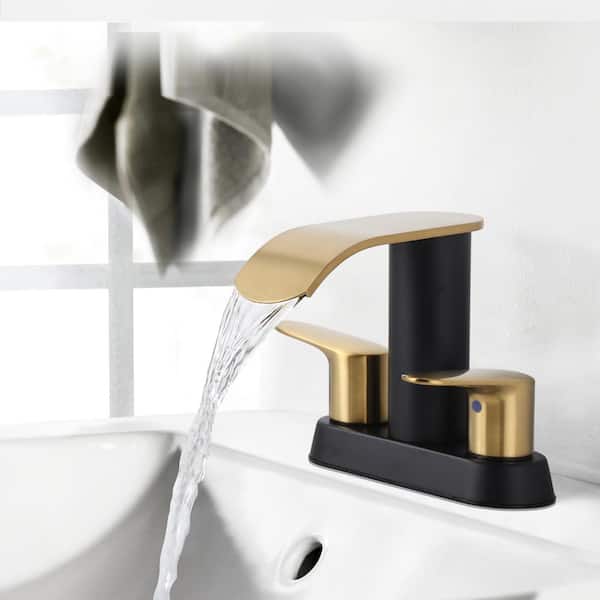 4 in. Centerset Double Handle Waterfall Bathroom Faucet with Drain Kit and Supply Lines Included in Black and Gold