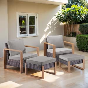 Allcot 4-Piece Outdoor Brown Wicker Patio Lounge Chair Outdoor Chairs Set of 2 with Ottomans with Gray Cushions
